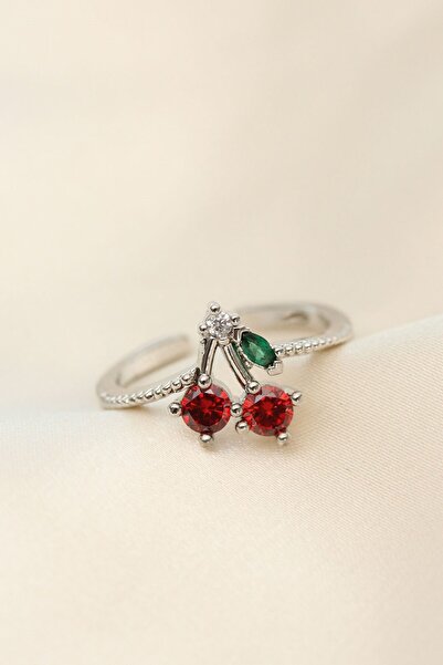 Inure Jewelry خاتم الكرز مع حجر كريستال فضي اللون قابل للتعديل