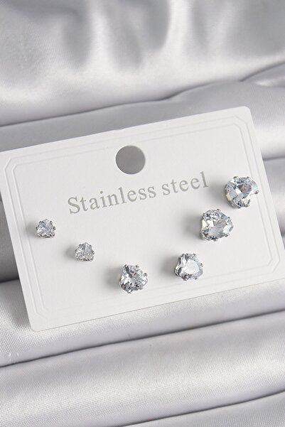 Inure Jewelry 316L Steel Silver Color Zircon Stone Heart Model Women's Earrin...