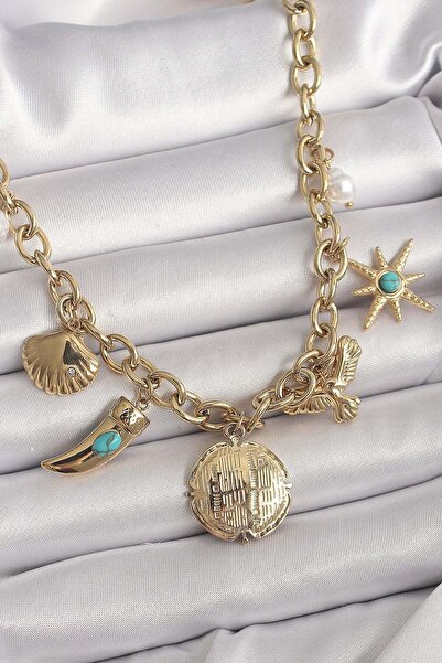 Inure Jewelry 316L Çelik Gold Renk Zincir Sallantılı Çoklu Figür Model Kadın ...