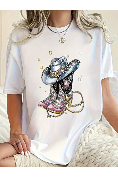 LİNA06 Women'S Round Neck Shiny Western Cowboy Style Printed Short Sleeve T-S...