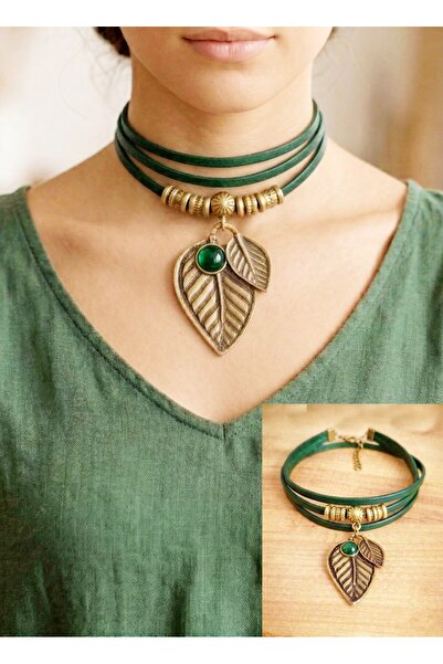 LADYMİRAGE Fall Leaves Genuine Leather Choker Necklace