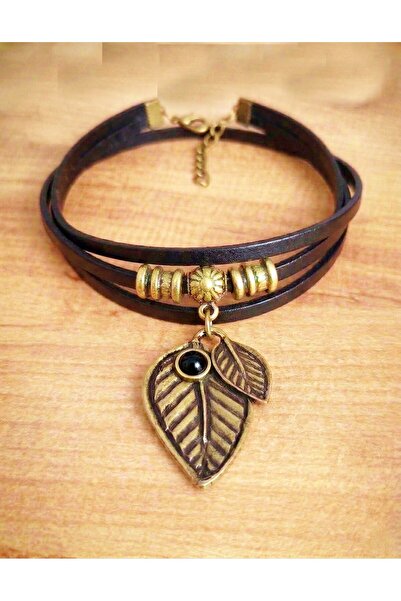 LADYMİRAGE Fall Leaves Genuine Leather Choker Necklace