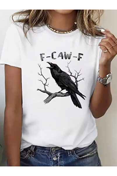 LİNA06 Women'S Casual Summer T-Shirt with "F-CAW-F" Letter Print & Raven Desi...