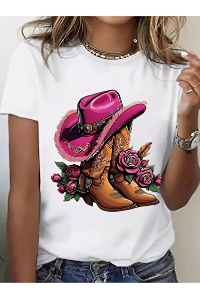 LİNA06 Graphic Print T-shirt, Short Sleeve Crew Neck Casual Top for Summer & ...