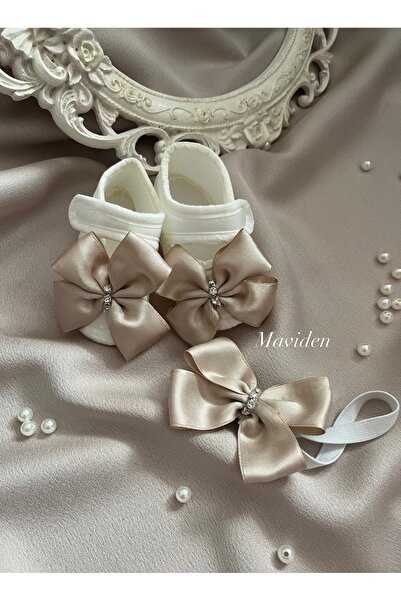 maviden Fiyonklu Bebek Ayakkabısı ve Saç bandı | 10,5cm | 0-6 ay | Vizon renk...