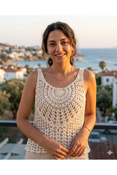 MEGA Megahan boutıque El Örgüsü Bohem Dantel Bluz - Krem Rengi Askılı Crop Bluz