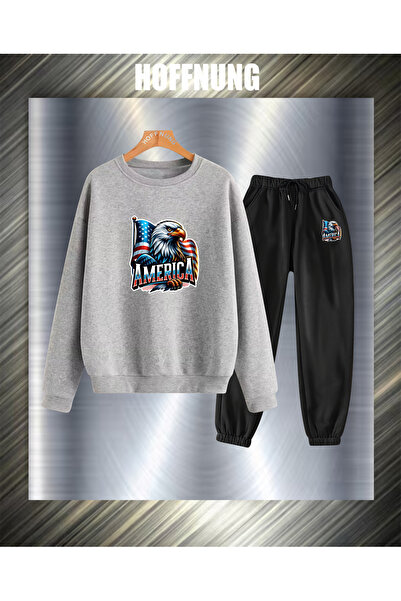HOFFNUNG Unisex Casual Tracksuit Set Flag Eagle America Outdoor Full Sweatshirt