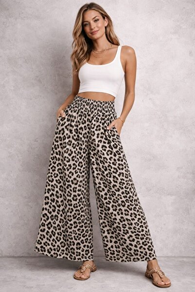 Generic Wide Leg Pants with Leopard Print and Elastic Waistband