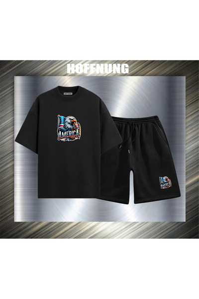 HOFFNUNG Unisex Casual Short Sleeve Set with Flag Eagle America Print Outdoor...