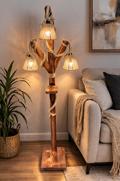 Mutluhan Desing Vintage Rustik Ahşap Lambader Halat Detaylı 3’lü Başlıklı Köş...