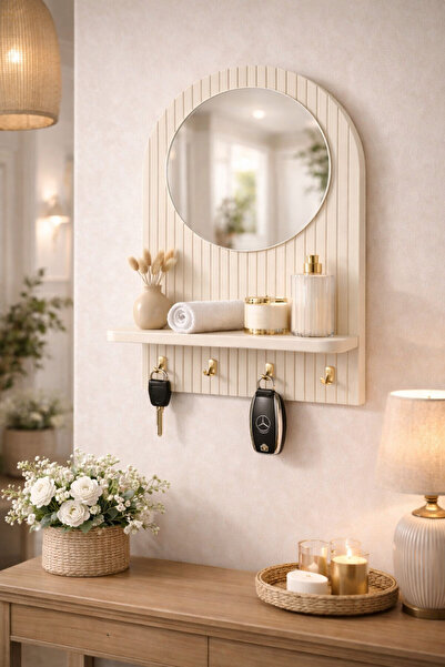 Trend Kitchen Elano Kırık Beyaz Premium Gold Askılı Anahtarlık & Raflı Duvar Organizeri Ve Hol Aynası