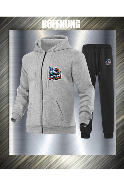 HOFFNUNG Unisex Casual Tracksuit Set Flag Eagle America Outdoor Full Zip