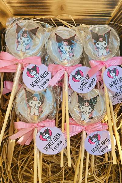 candyemiro Kuromi Temalı İsme Özel Pembe Kurdeleli Şeffaf Lolipop