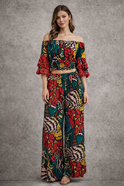 Generic Pants Set with Off-Shoulder Blouse and Wide Sleeves