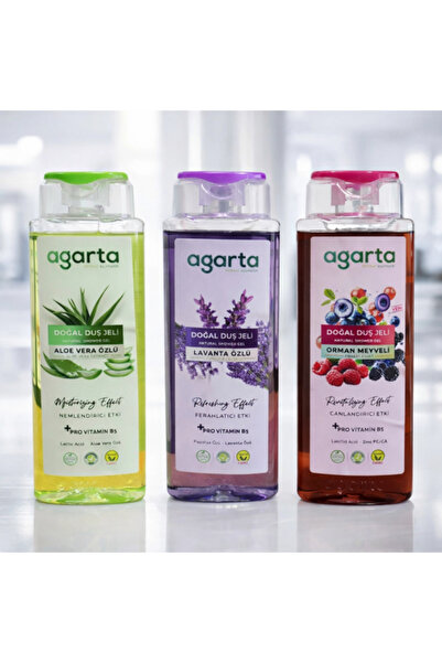 Agarta Doğal Duş Jeli Seti 3x400 ml – Aloe Vera, Lavanta, Orman Meyveli | Nem...