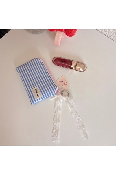 PİNKUE Striped Mini Makeup Bag/ Keychain/ Card Holder Wallet Organizer with Charm Detail