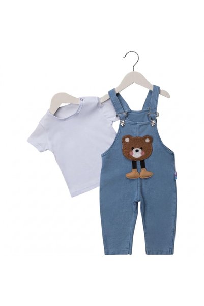 genybaby Unisex Baby Salopet Set with Teddy Bear Detail, Denim Salopet + White T-Shirt 6-24 Months