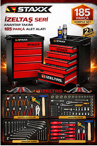 STAXX POWER XL TREND İZELTAŞ SERİ 5 Çekmeceli İçi Dolu 185 PARÇA Full Set Alet Dolabı Atölye Usta Takım Arabası