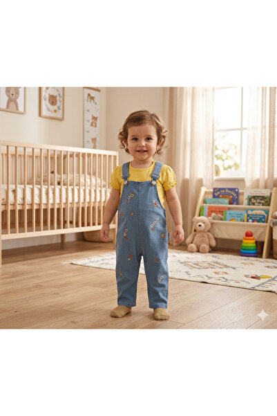 genybaby Baby Girl Floral Embroidered Denim Salopet Set with T-Shirt 6-24 Months
