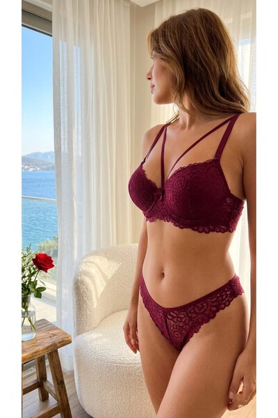 hepimiz alalım Women's Burgundy Lace Bralet Set Unpadded Stylish and Comforta...