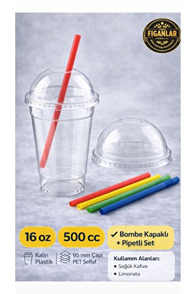 figanlar ambalaj 16 Oz 500cc PET Şeffaf Plastik Bardak Seti Bombe Kapaklı Pip...