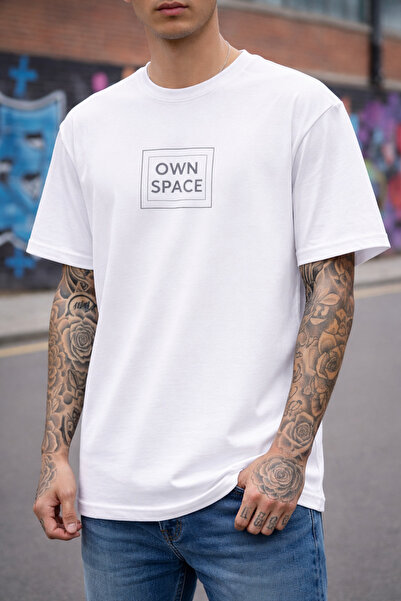 LAND MODA Tricou alb cu text OWN SPACE pentru bărbați, 100% bumbac, tricou gr...
