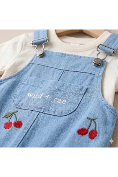 genybaby Baby Girl Cherry Embroidered Denim Salopet Set with White T-Shirt 6-24 Months