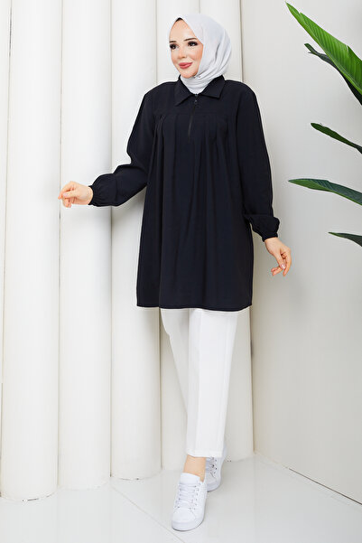 Pamuk Butik Women's Pleated Zipper Detailed Polo Collar Tunic