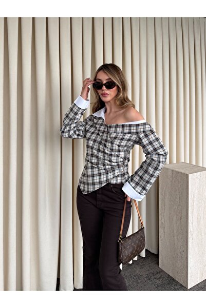 Laluvia Cămașă în carouri căptușită, bej - maro, cu umeri decupați - 3247