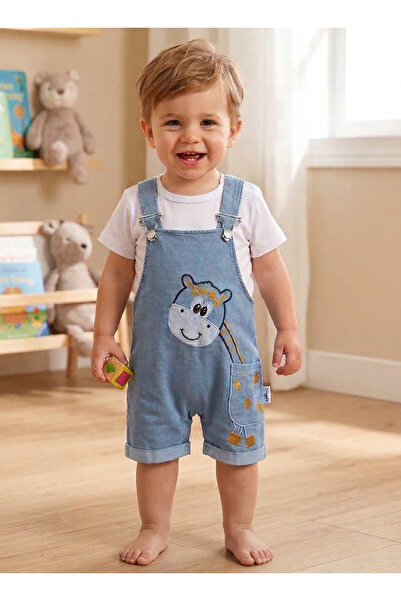 genybaby Baby Boy Giraffe Embroidered Denim Salopet Set with White T-Shirt 6-...