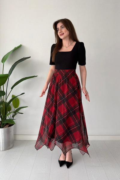 MOZENA Square Neckline Skirt Asymmetrical Plaid Patterned Midi Dress