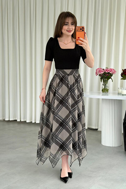 MOZENA Square Neckline Skirt Asymmetrical Plaid Patterned Midi Dress