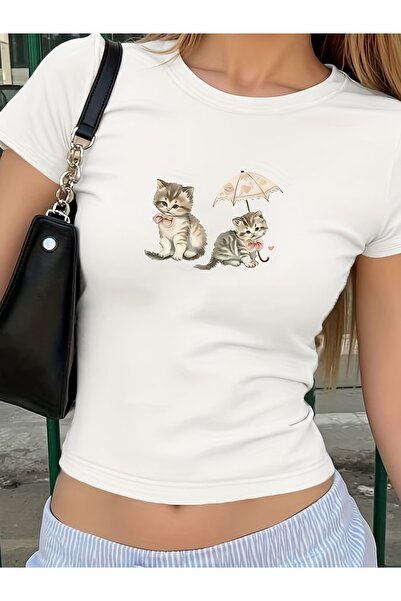 Toum Kemer Boy Cute Umbrella Cat Crop Blouse