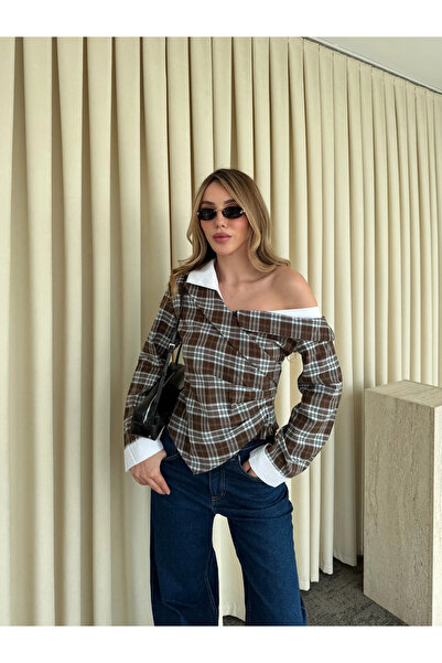 Laluvia Blue - Brown Off-Shoulder Padded Plaid Shirt - 3247