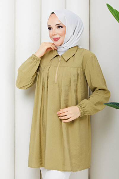 Pamuk Butik Women's Pleated Zipper Detailed Polo Collar Tunic