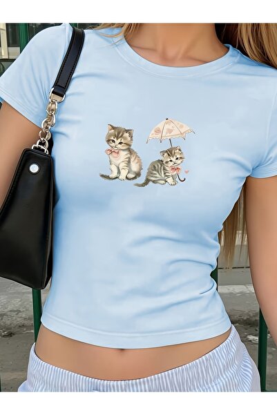 Toum Kemer Boy Cute Umbrella Cat Crop Blouse