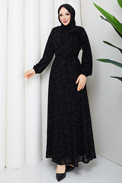 Pamuk Butik Women's Belted Flocked Printed Lined Tulle Dress