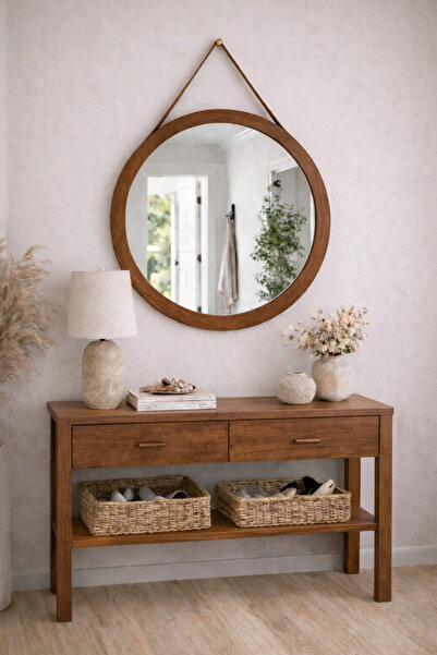 Digital Hayat Deri Askı Kayışlı Yuvarlak Ahşap Ayna - Doğal Ahşap Çerçeveli M...