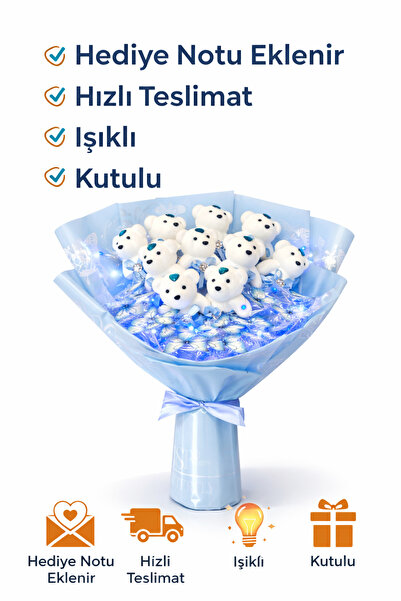 BYSHOPPİNG Sevgiliye Hediye Işıklı Ayıcıklı Buket – Kutulu, Hediye Notlu Roma...