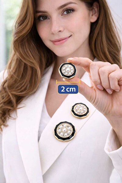 beyna aksesuar Buton metalizat auriu, negru, cu perle, 2 cm, 1 pachet, 6 bucăți