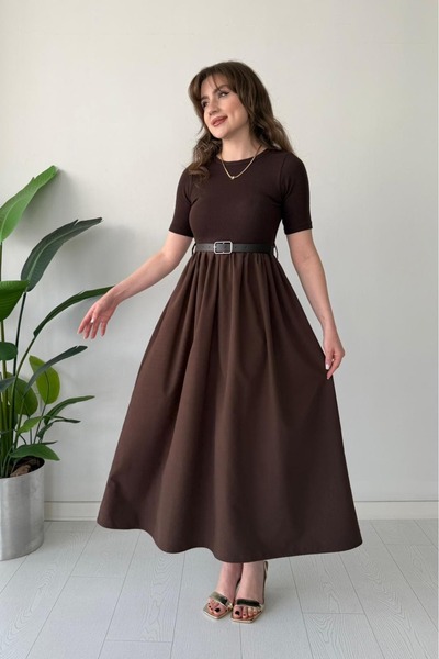 MaziButik Kısa Kol Kemerli Poplin Detay Elbise