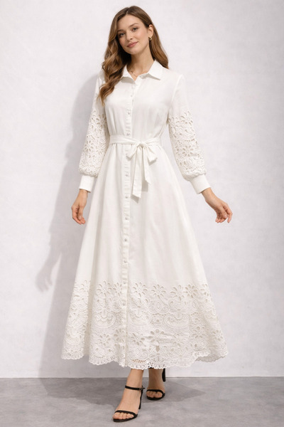 FUAT GÜRSEN فستان مبطن بتفاصيل من قماش الجبر المقطوع بالليزر