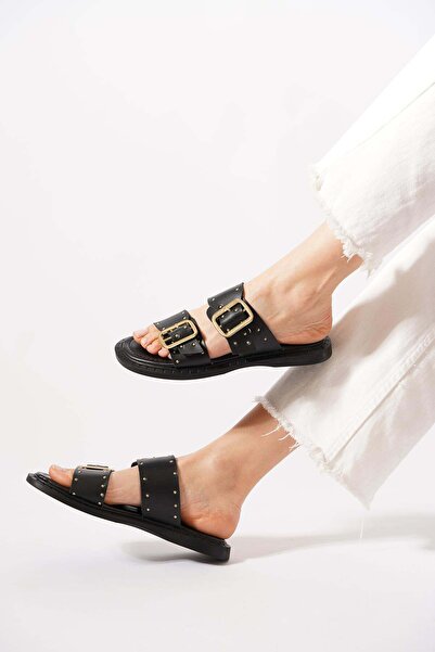 Moda Pie Tifeser Trocley Double Buckle Women's Slippers Black Leather