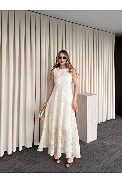 Laluvia Beige Fairy Embroidered Dress - 2489