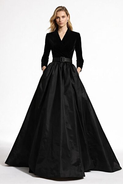 ALYEL NAKER Black Velvet Double-Breasted Top & Black Woven Detailed Maxi Dres...