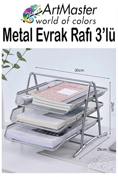 Artmaster Gümüş Gri Metal Evrak Rafı 3 lü 1 Paket Masaüstü A4 Dosya 3 Katlı D...