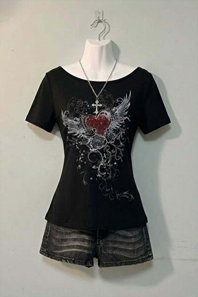 Karakedi Red Rose Heart Wing Black Y2K Short Sleeve Crop