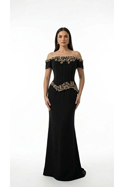 aşkın göksu Siyah Straplez Yaka Düşük Kol Beden Büstiyerli Yaka Bel Taş İşlem...