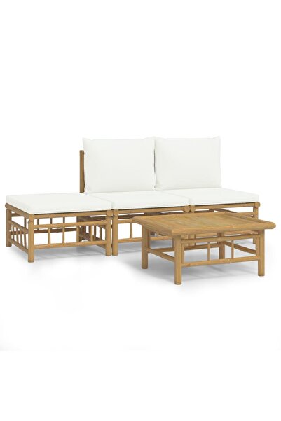 vidaxl Set mobilier de grădină, cu perne alb crem, 4 piese, bambus