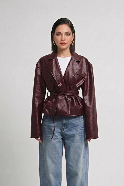 NET OF NOT Burgundy Double-Breasted Belted Buttoned Leather Jacket